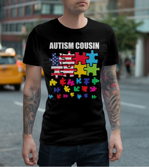Autism Cousin Puzzle Pieces USA Flag Autism Awareness T-Shirt