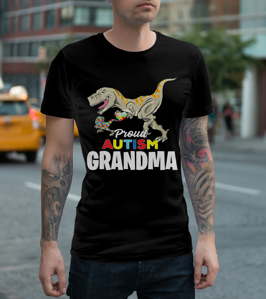 Proud Autism Grandma Dinosaur Puzzle Pattern Rex T-Shirt