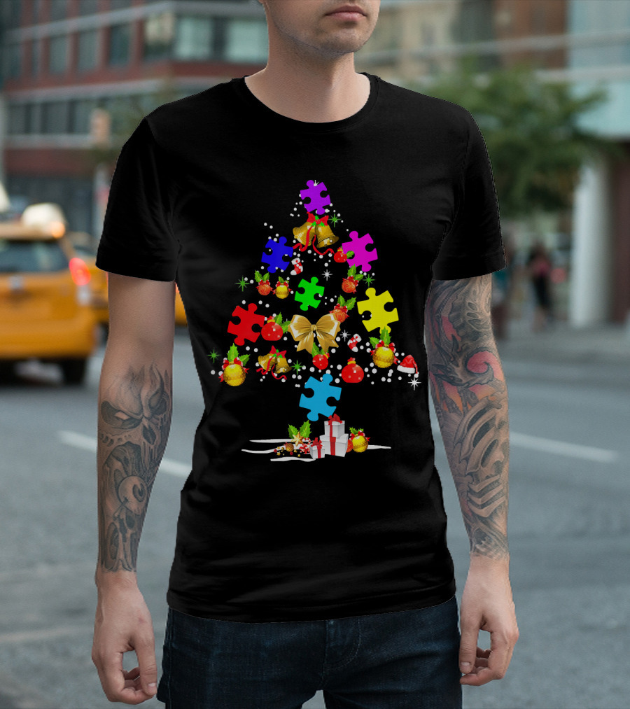 Autism Awareness Christmas Tree Puzzle Piece Ornament Festive Holiday T-Shirt