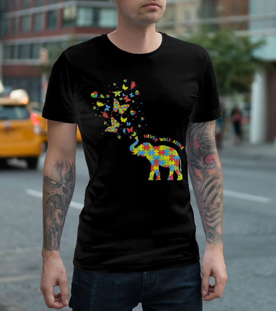 Elephants And Butterflies Autism Awareness Never Walk Alone T-Shirt