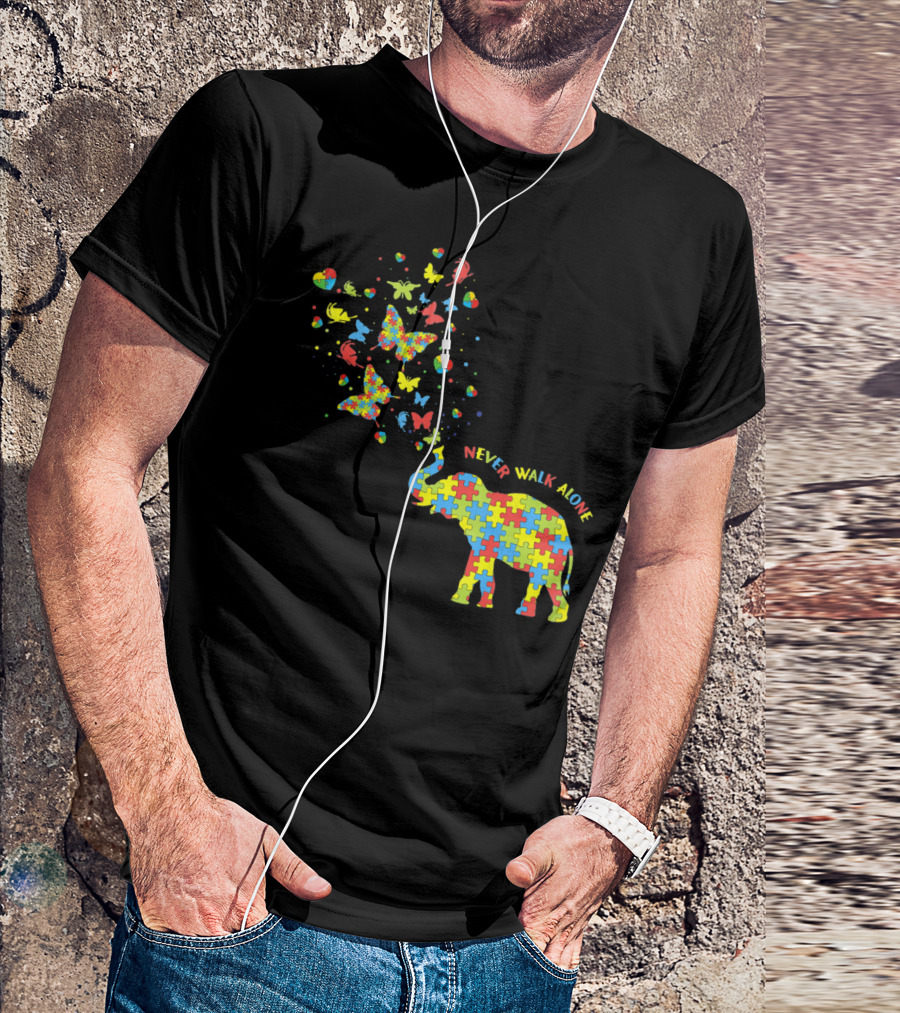 Elephants And Butterflies Autism Awareness Never Walk Alone T-Shirt