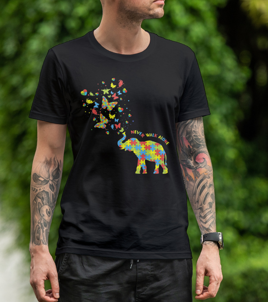 Elephants And Butterflies Autism Awareness Never Walk Alone T-Shirt