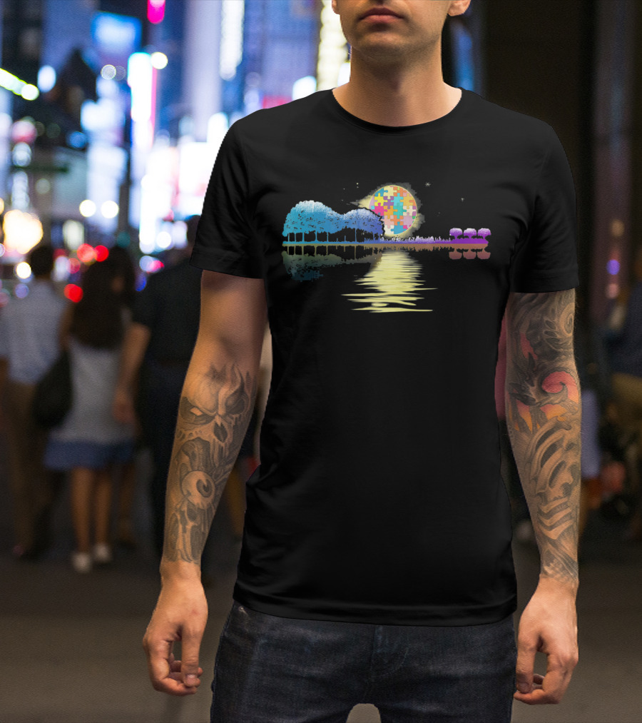 Guitar Lake Shadow Autism Puzzle Moon Reflection T-Shirt
