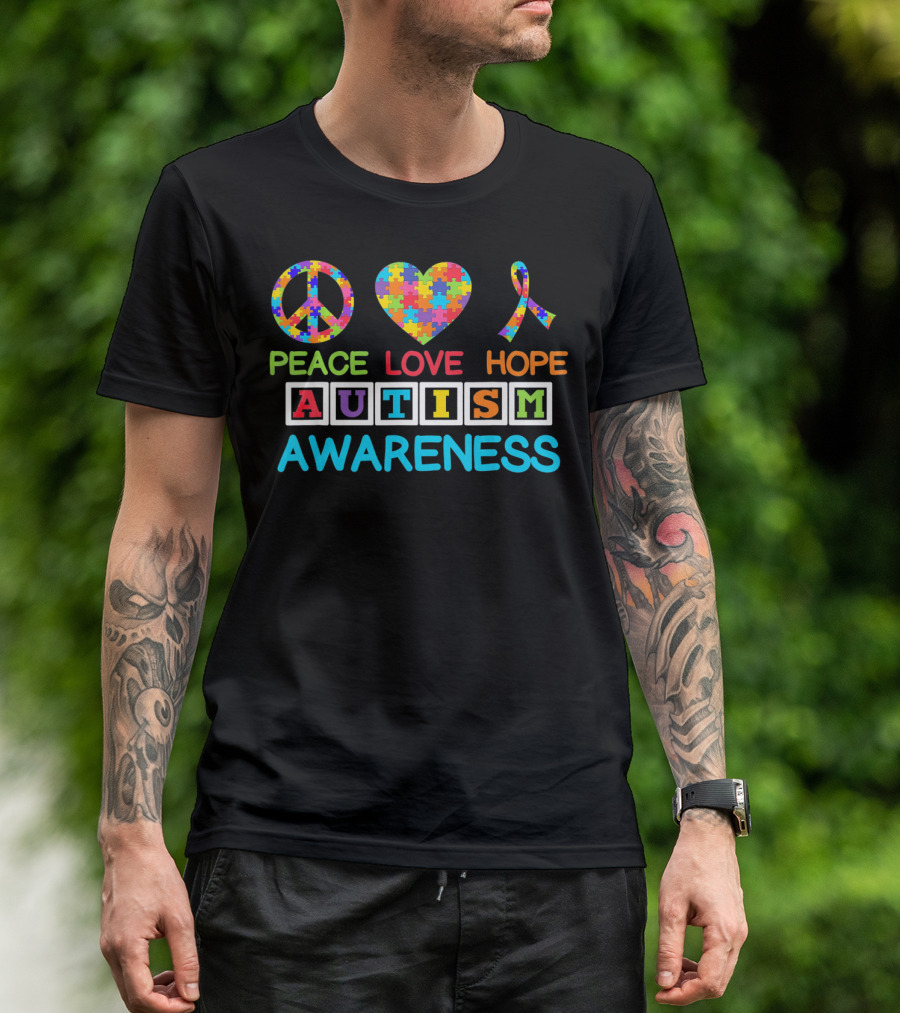 Autism Awareness Peace Love Hope Puzzle Ribbon Puzzle T-Shirt