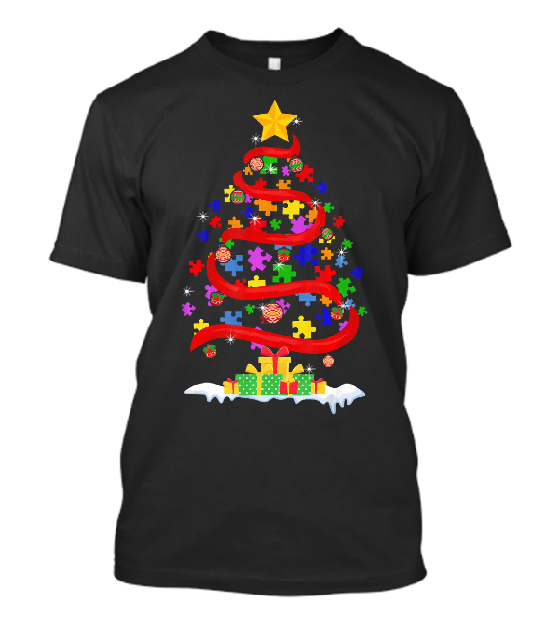 Xmas Puzzle Autism Christmas Tree With Star And Gifts T-Shirt