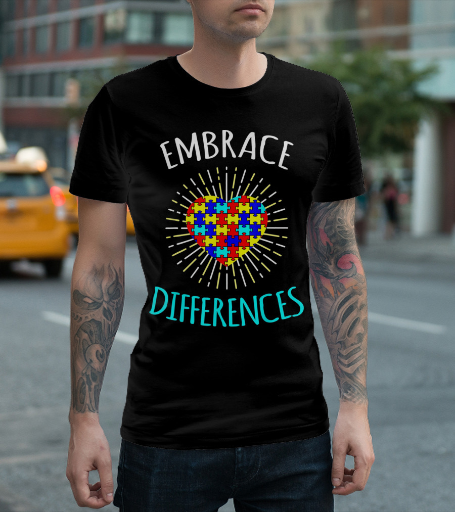 Embrace Differences Autism Awareness Puzzle Heart Rib T-Shirt