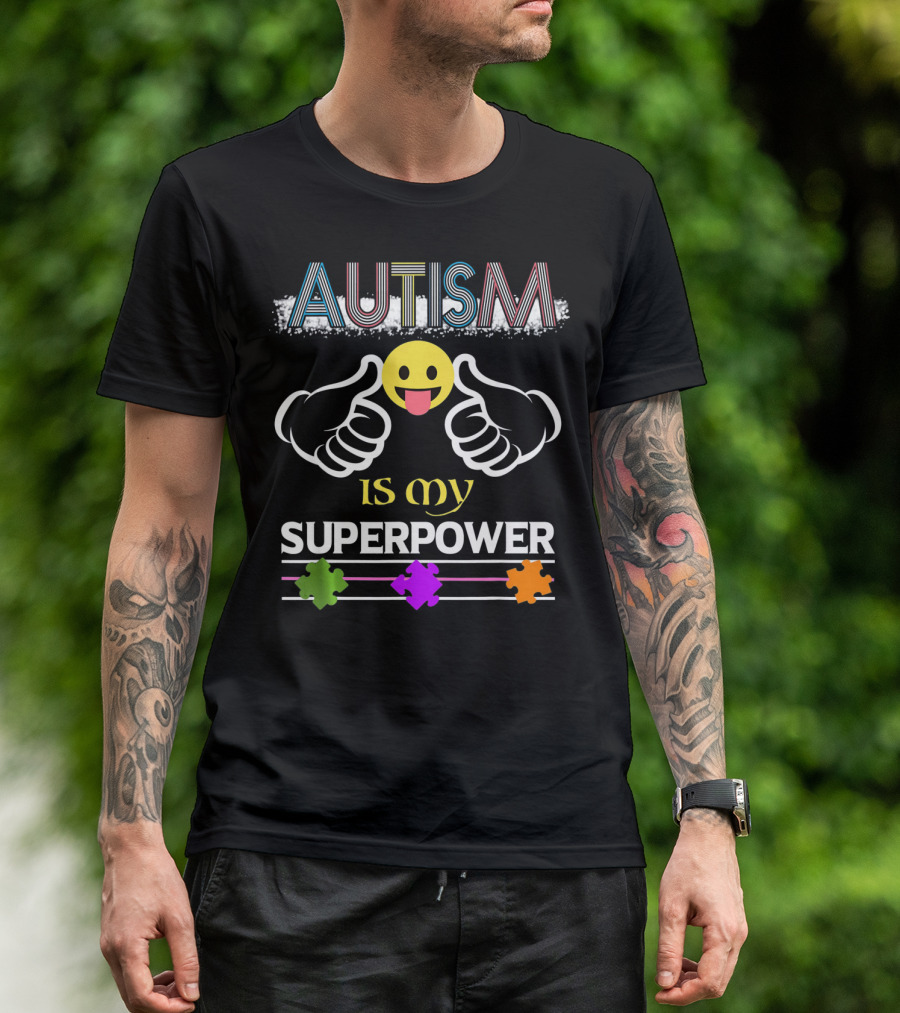 AUTISM Is My Superpower Thumbs Up Emoji Puzzle Pieces T-Shirt