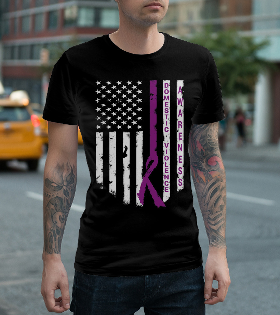 Domestic Violence Awareness Purple Ribbon American Flag T-Shirt