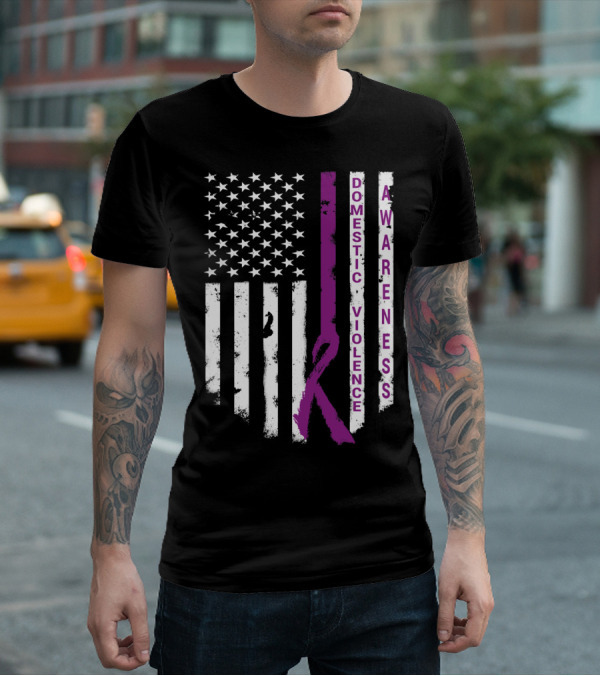 Domestic Violence Awareness Purple Ribbon American Flag T-Shirt