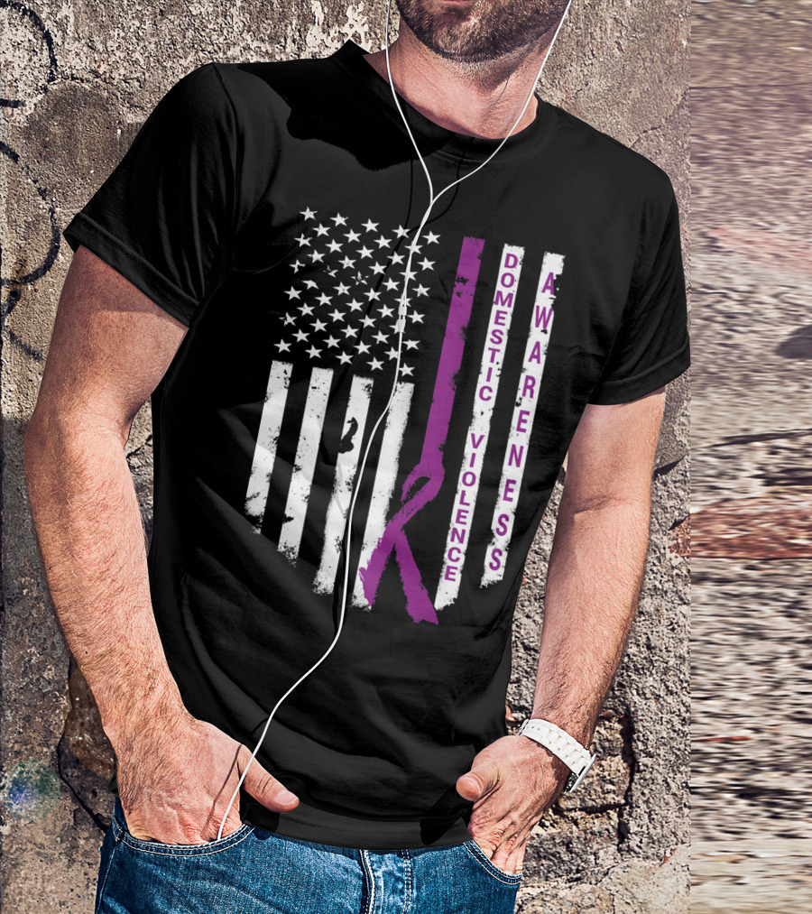 Domestic Violence Awareness Purple Ribbon American Flag T-Shirt