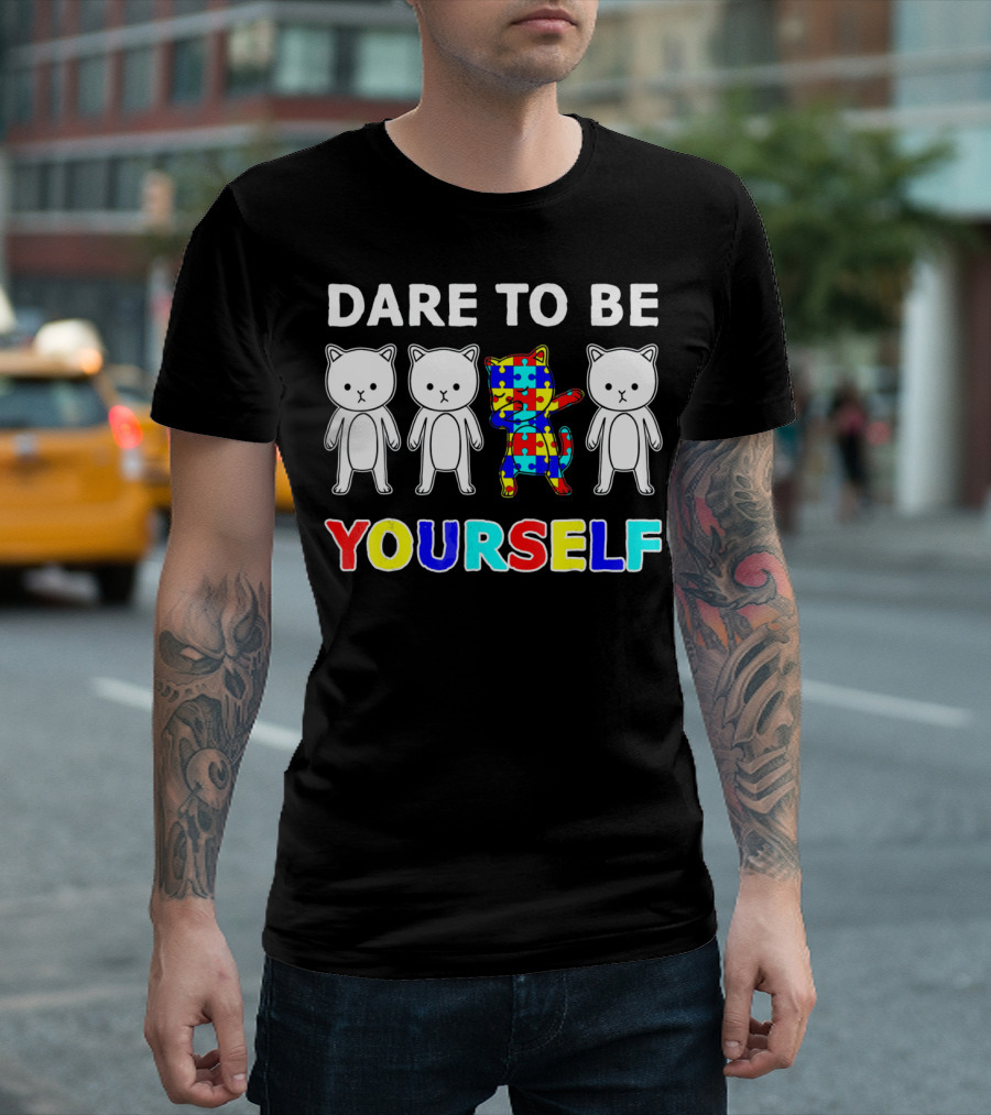 Dare To Be Yourself Cat Dabbing Autism Puzzle T-Shirt