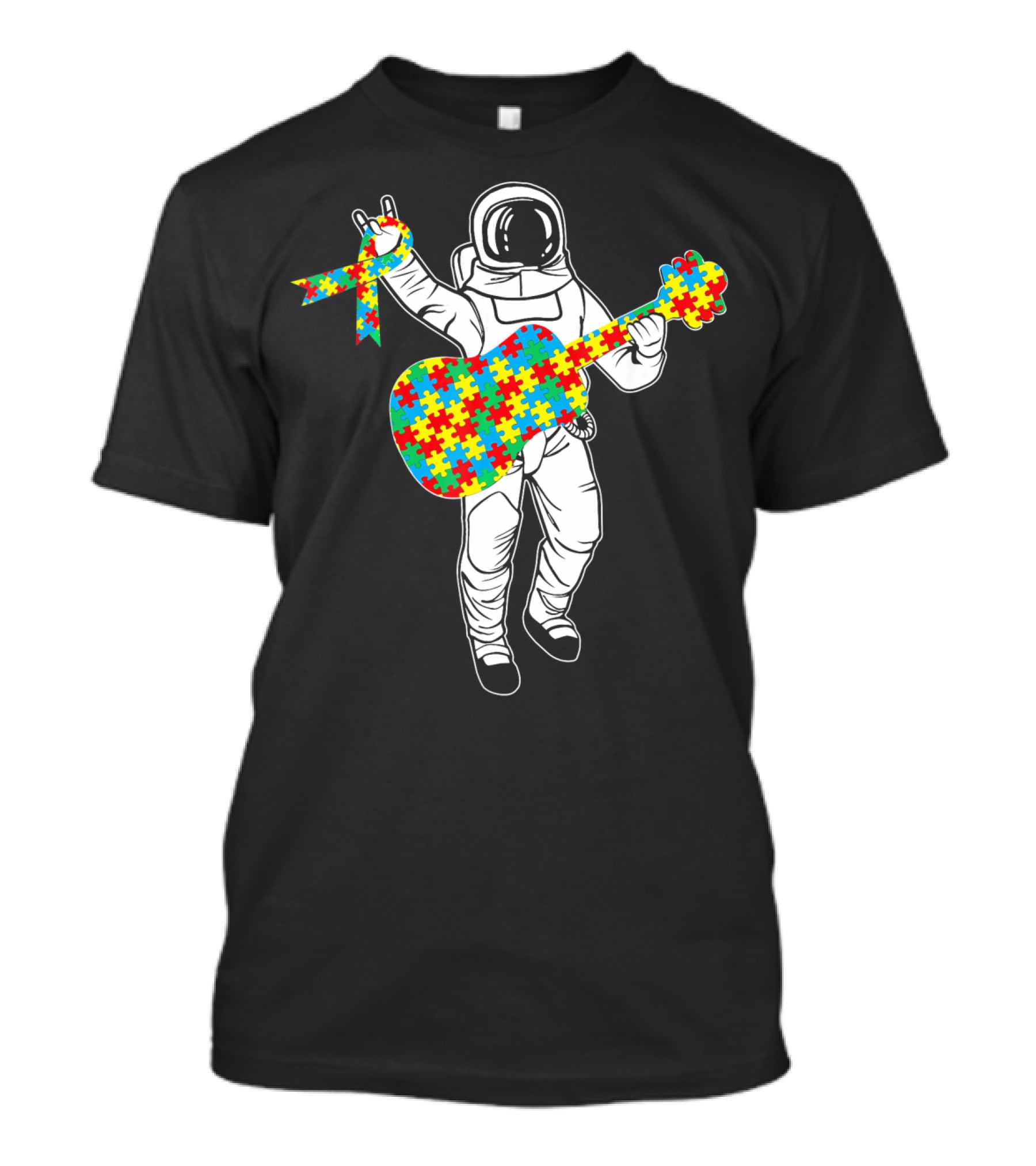 Astronaut Playing Guitar Autism Awareness Puzzle Ribbon Space T-Shirt