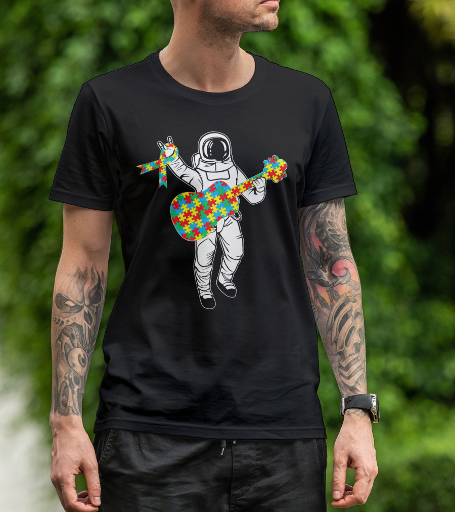 Astronaut Playing Guitar Autism Awareness Puzzle Ribbon Space T-Shirt