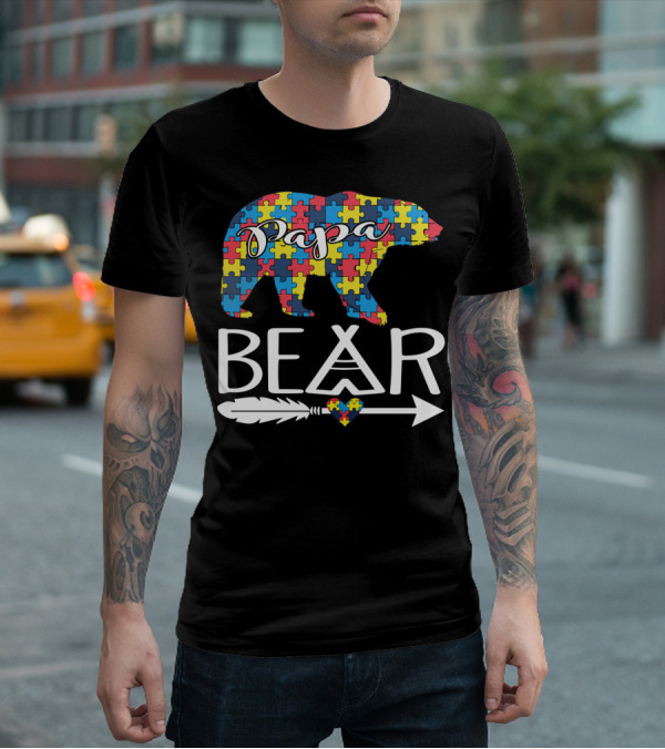 Papa Bear Puzzle Heart Autism Awareness T-Shirt