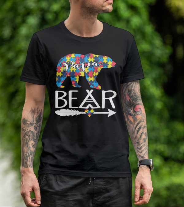 Papa Bear Puzzle Heart Autism Awareness T-Shirt