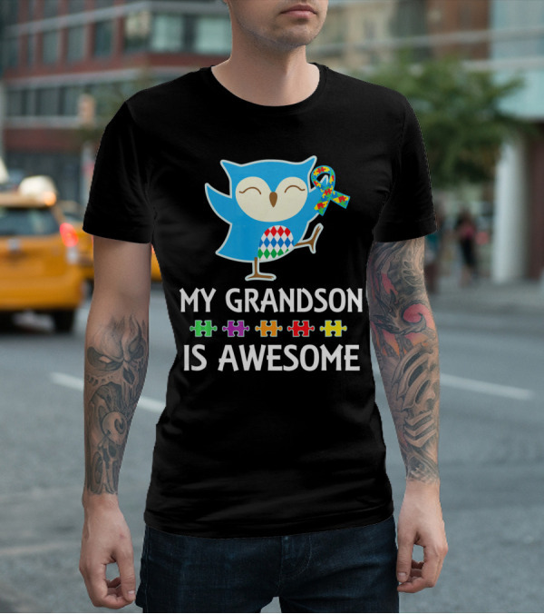 Autism Awareness My Grandson Is Awesome Owl Puzzle T-Shirt