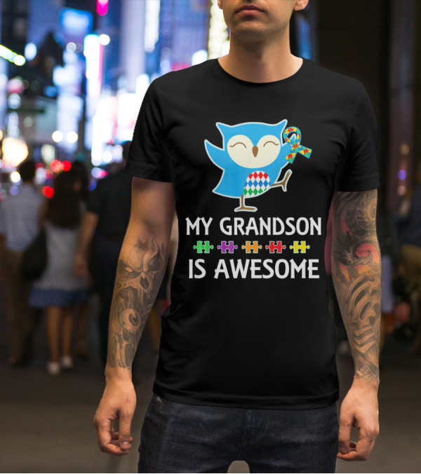 Autism Awareness My Grandson Is Awesome Owl Puzzle T-Shirt