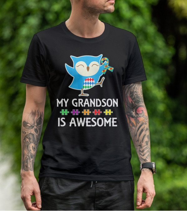 Autism Awareness My Grandson Is Awesome Owl Puzzle T-Shirt