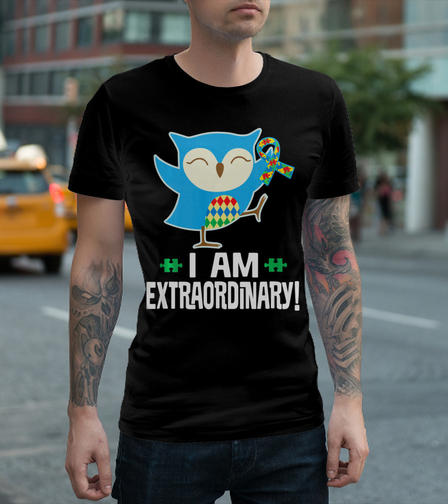 I Am Extraordinary Autism Awareness Autistic Spectrum Disor Puzzle Ribbon Owl T-Shirt