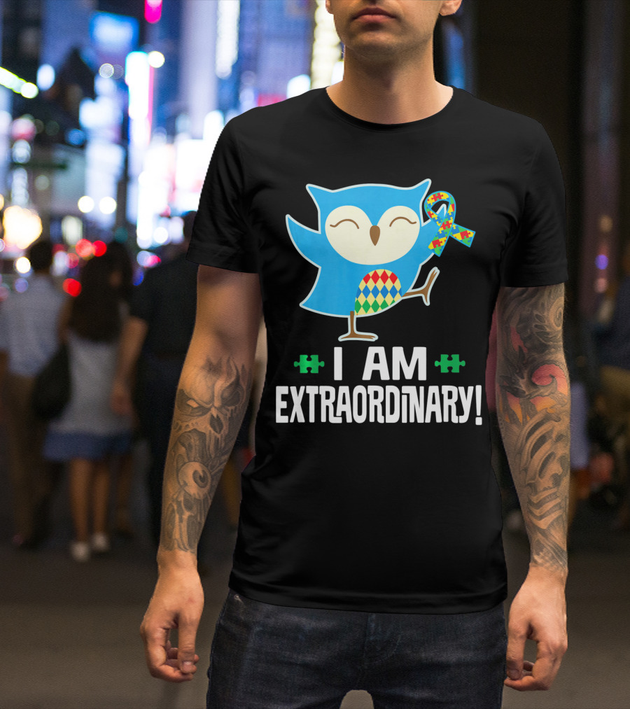 I Am Extraordinary Autism Awareness Autistic Spectrum Disor Puzzle Ribbon Owl T-Shirt