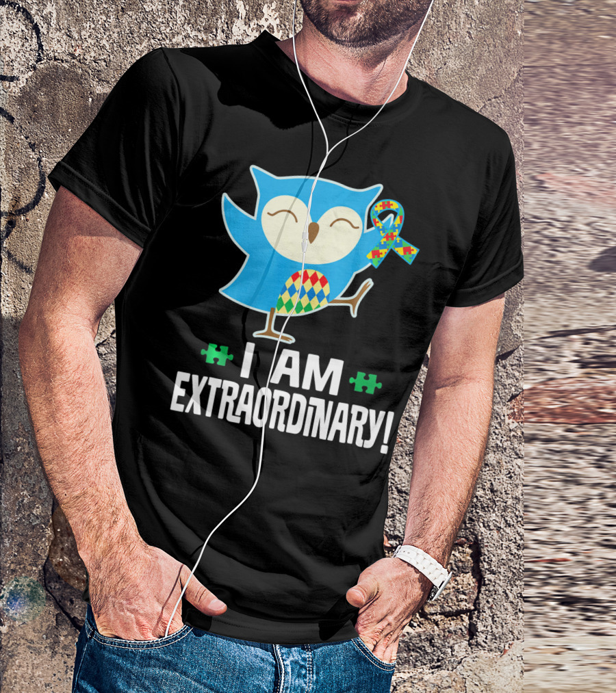 I Am Extraordinary Autism Awareness Autistic Spectrum Disor Puzzle Ribbon Owl T-Shirt
