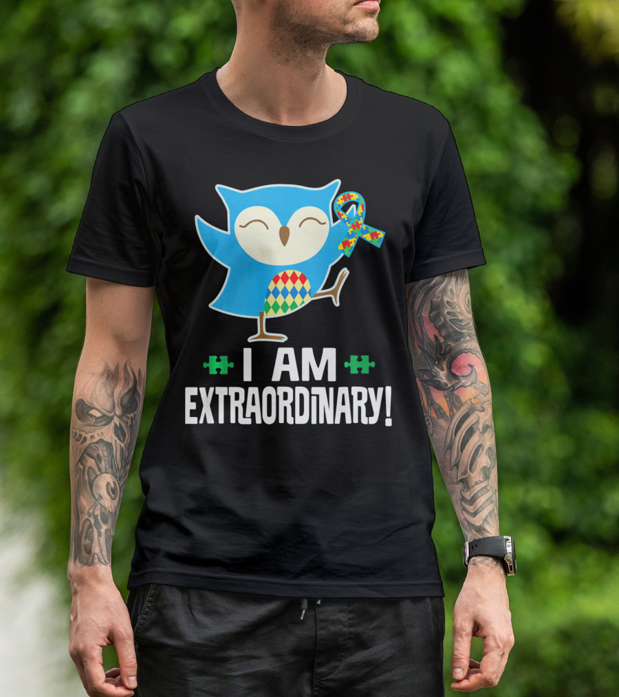 I Am Extraordinary Autism Awareness Autistic Spectrum Disor Puzzle Ribbon Owl T-Shirt