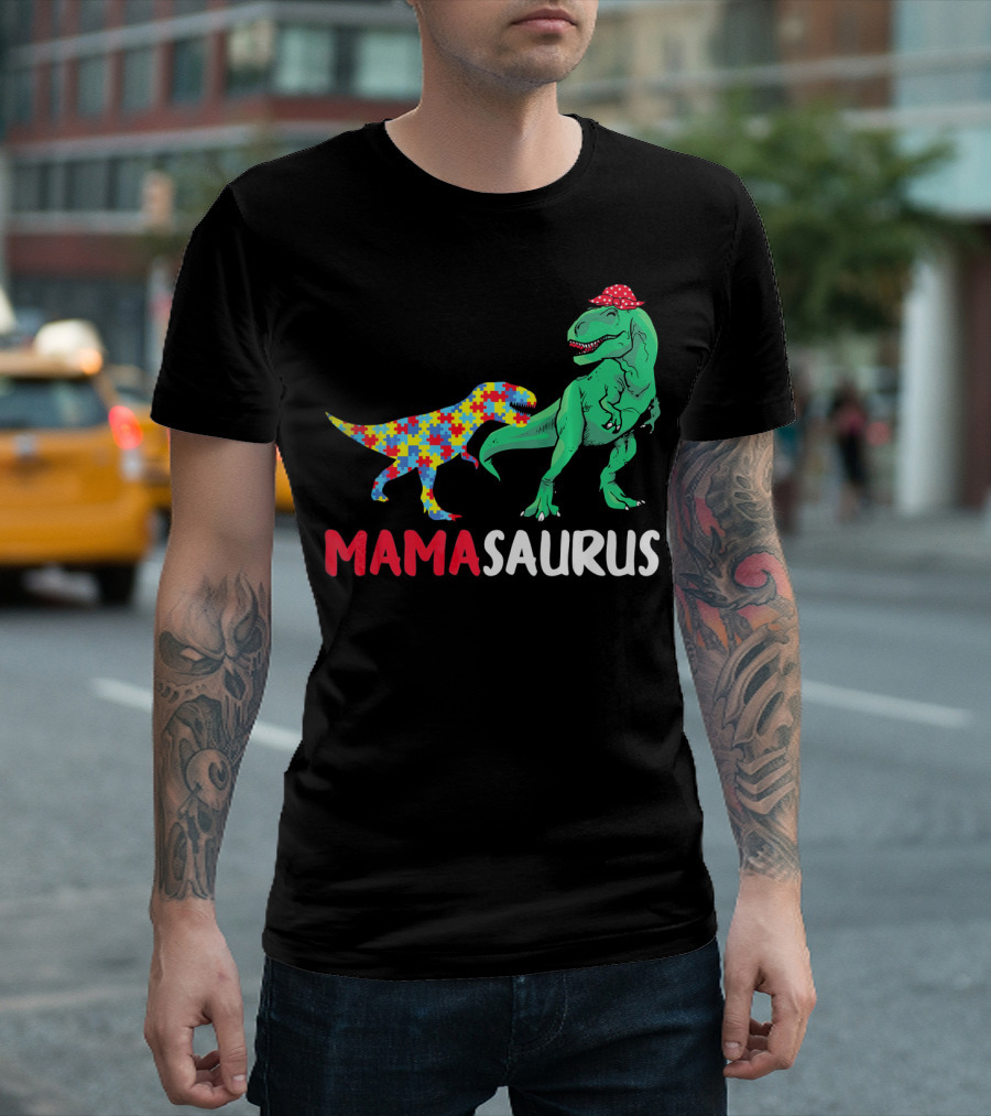 Mamasaurus Mama Dinosaur Puzzle Pattern Autism Awareness T-Shirt