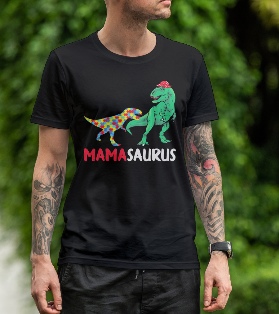 Mamasaurus Mama Dinosaur Puzzle Pattern Autism Awareness T-Shirt