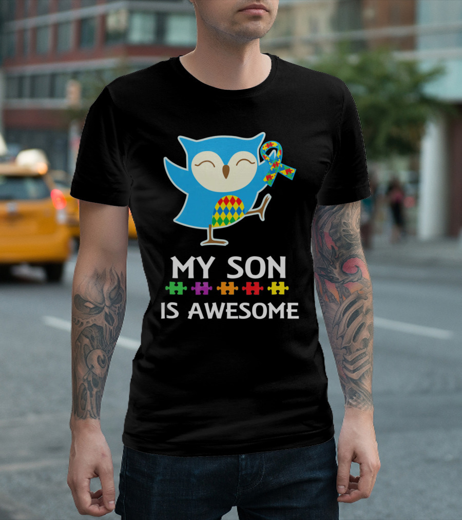 My Son Is Awesome Autism Awareness Owl with Puzzle T-Shirt