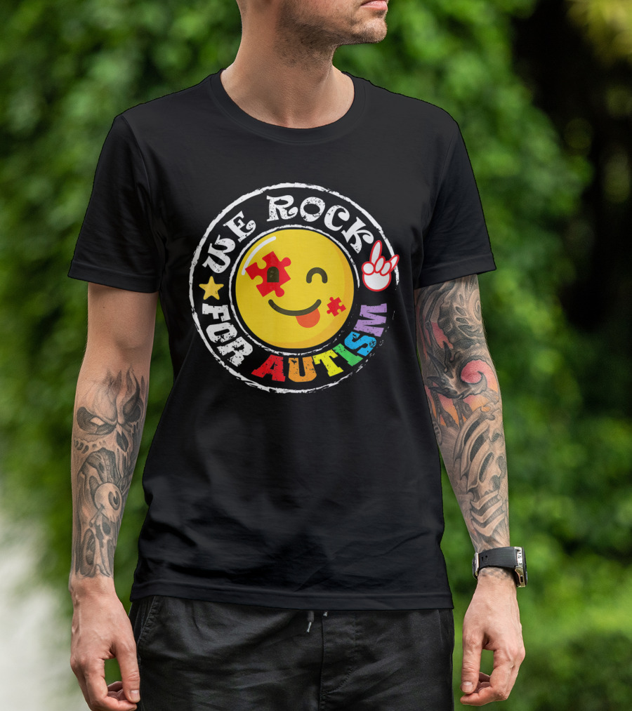 We Rock For Autism Puzzle Face Emoji With Hand Sign T-Shirt