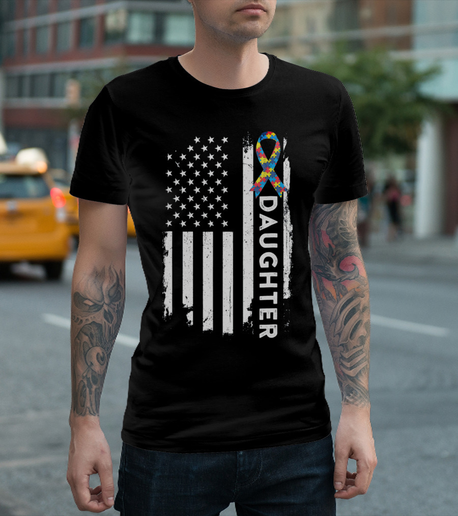 Daughter Autism Awareness American Flag Puzzle T-Shirt
