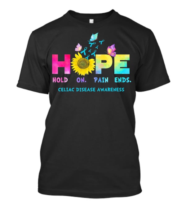 HOPE Hold On Pain Ends Celiac Disease Awareness Ribbon Sunflower Butterfly T-Shirt