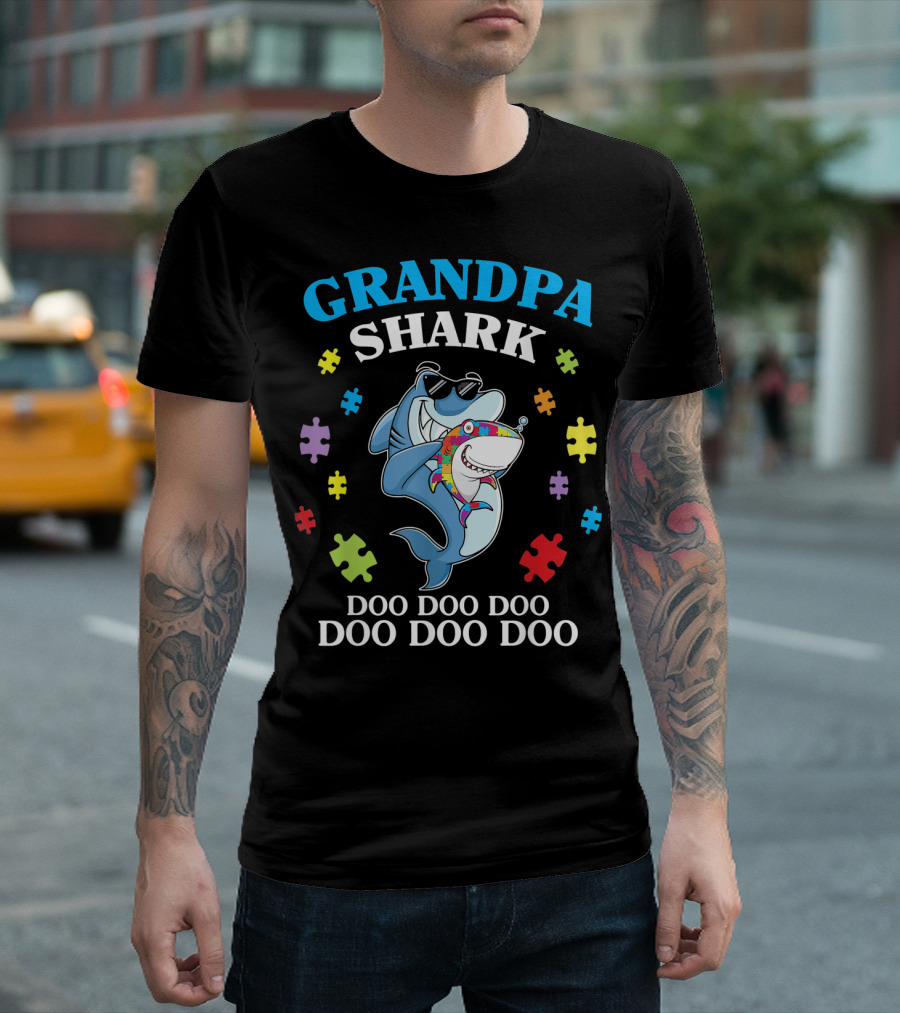 Grandpa Shark Doo Doo Doo Doo Funny Autism Puzzle Pieces T-Shirt