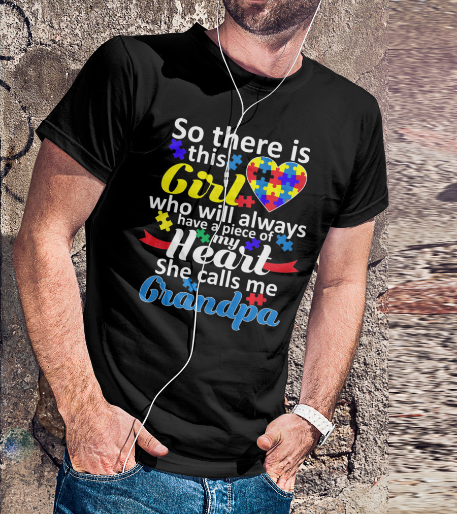 Autism Awareness Puzzle Heart Girl Grandpa T-Shirt