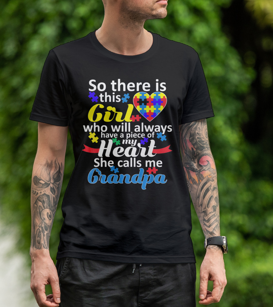 Autism Awareness Puzzle Heart Girl Grandpa T-Shirt