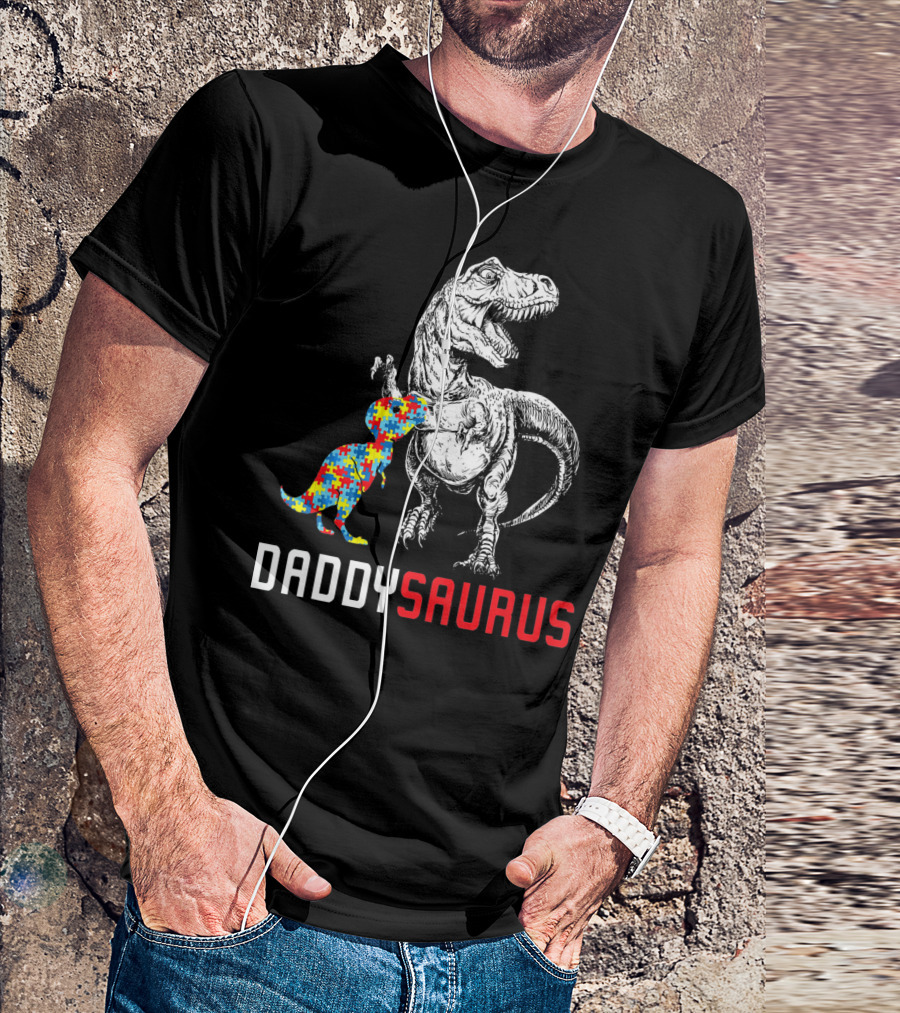 Daddysaurus Dinosaur With Colorful Puzzle Autism Awareness Dad T-Shirt