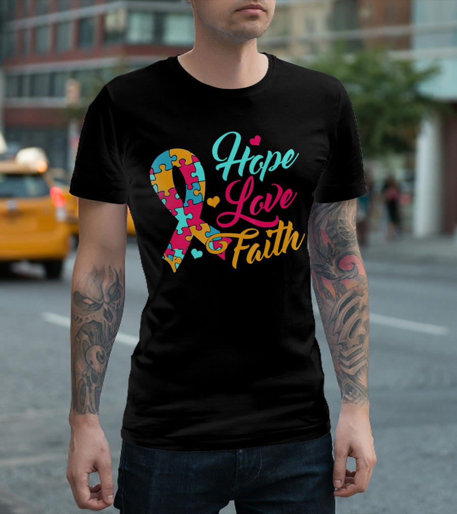 Hope Love Faith Autism Awareness Puzzle T-Shirt