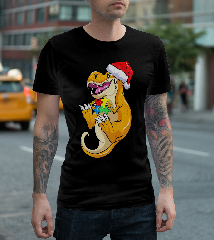Christmas Autism Awareness Dinosaur Santa Hat Puzzle Pieces T-Shirt