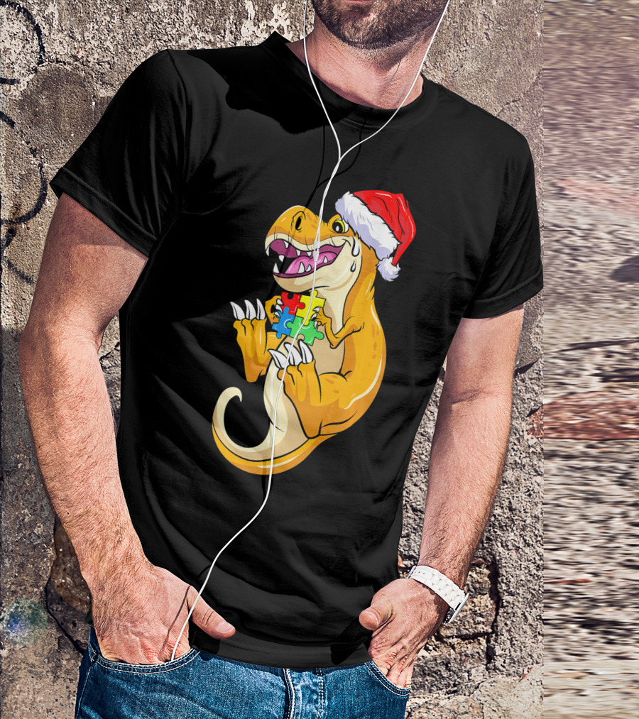 Christmas Autism Awareness Dinosaur Santa Hat Puzzle Pieces T-Shirt