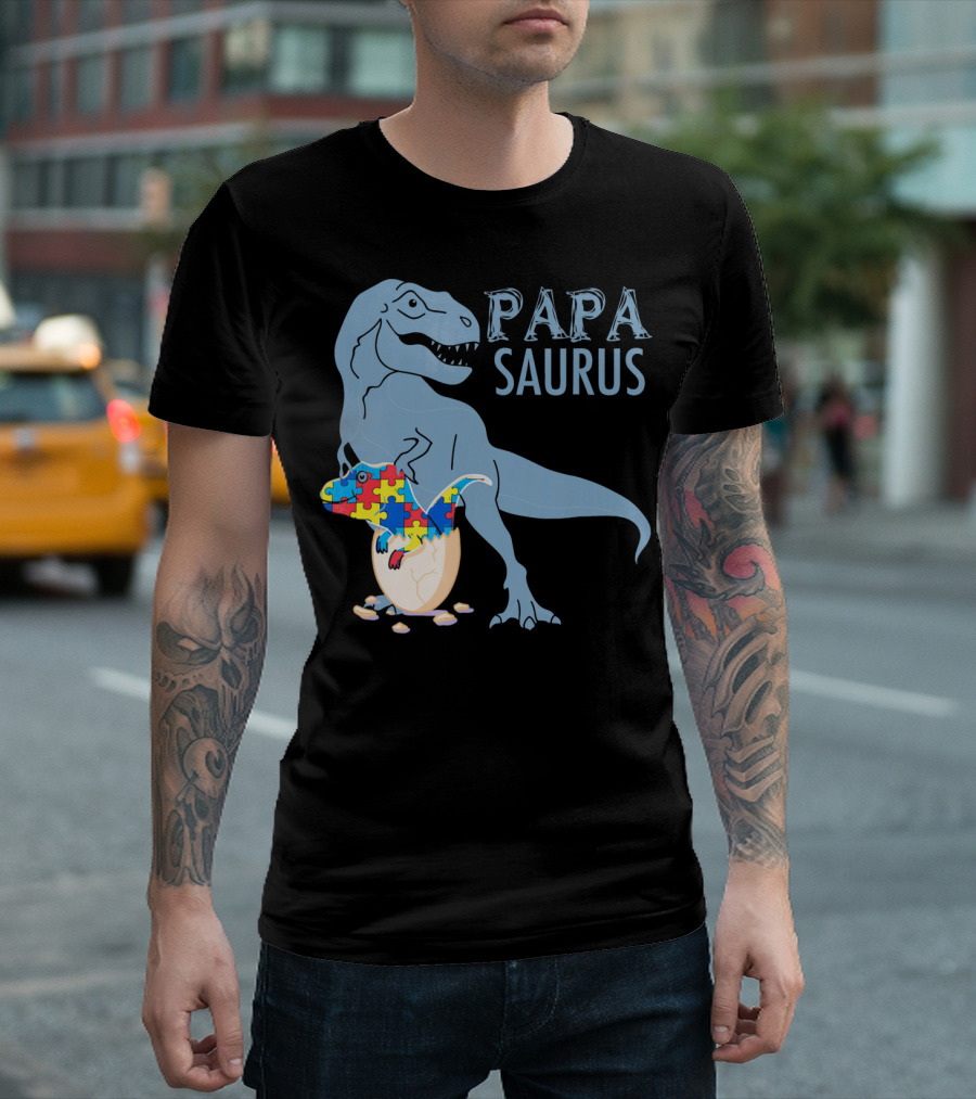 Papasaurus Autism Awareness Dinosaur Puzzle Pieces T-Shirt