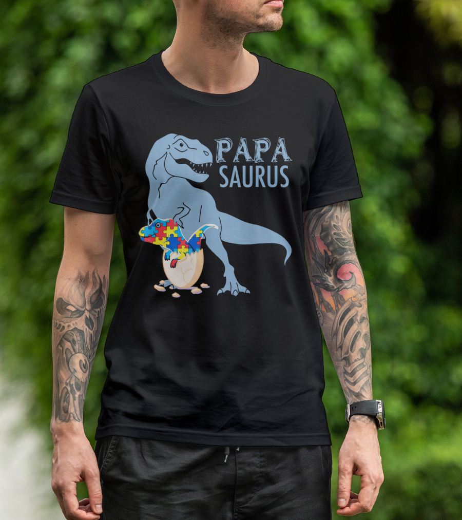 Papasaurus Autism Awareness Dinosaur Puzzle Pieces T-Shirt