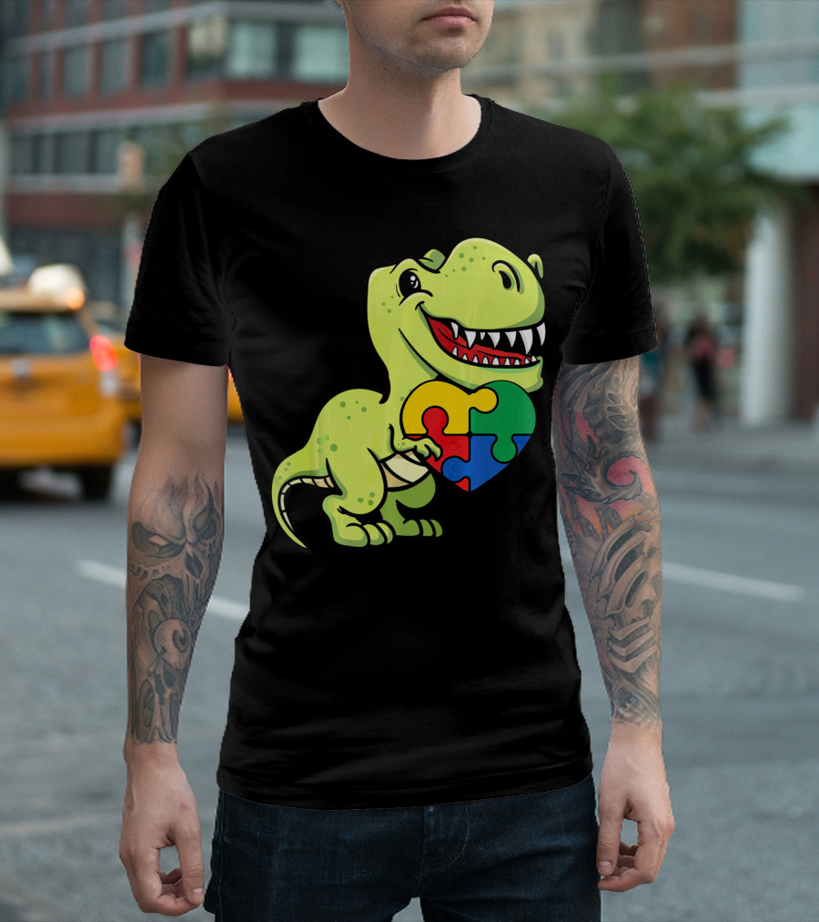 Autism Awareness Day Dinosaur T-Rex Holding Puzzle Heart T-Shirt