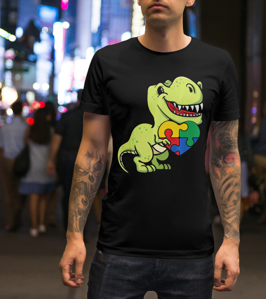 Autism Awareness Day Dinosaur T-Rex Holding Puzzle Heart T-Shirt