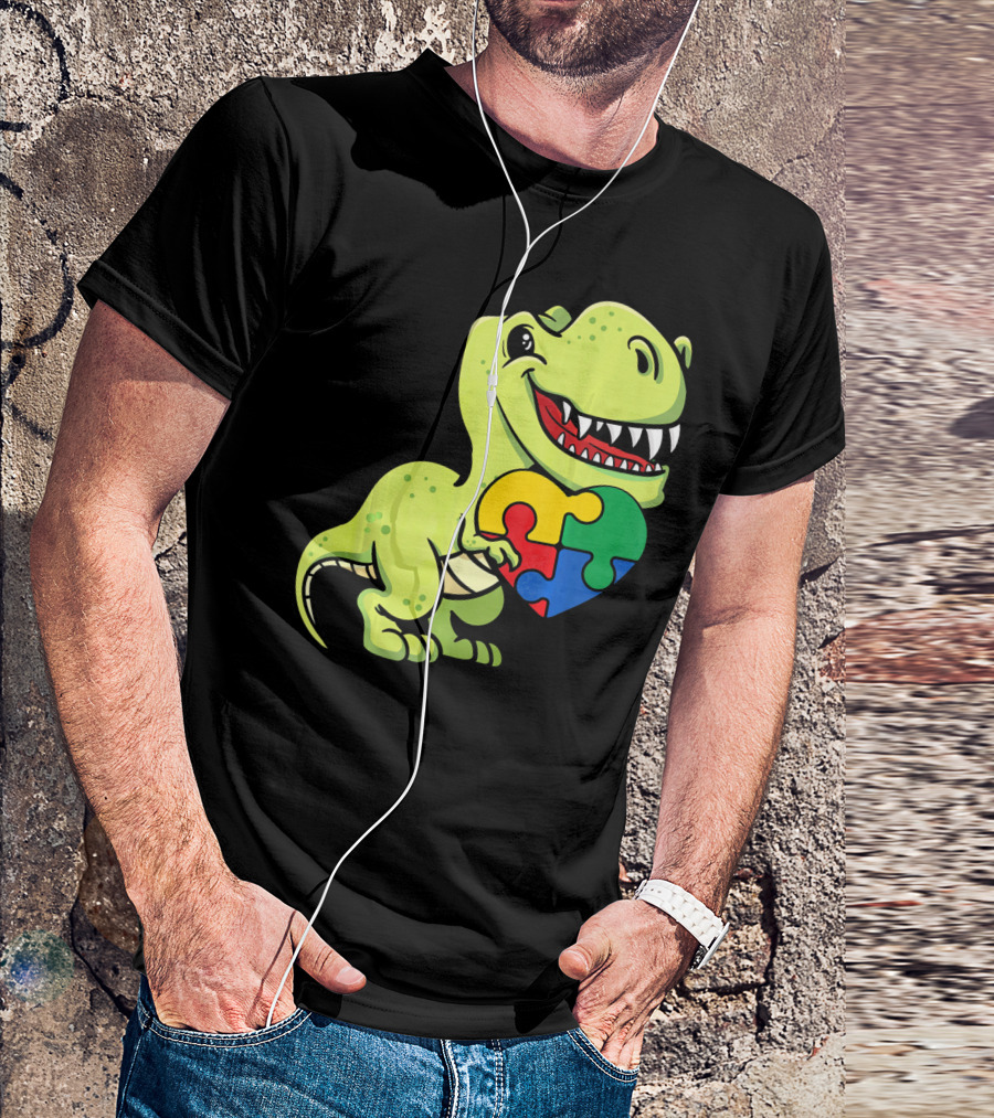 Autism Awareness Day Dinosaur T-Rex Holding Puzzle Heart T-Shirt