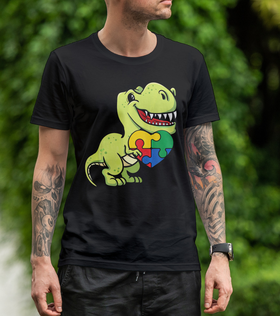 Autism Awareness Day Dinosaur T-Rex Holding Puzzle Heart T-Shirt