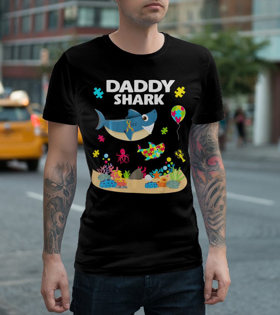 Daddy Shark Funny Autism Awareness Underwater Scene with Balloons and Puzzle Pieces T-Shirt