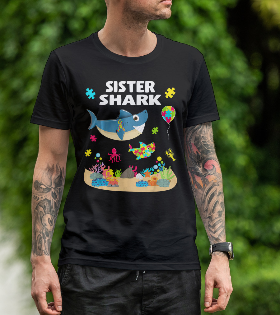Sister Shark Autism Awareness Puzzle Pieces Ocean T-Shirt