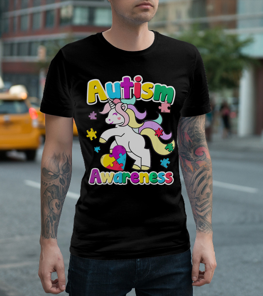 Autism Awareness Unicorn Puzzle Pieces Rainbow Heart T-Shirt
