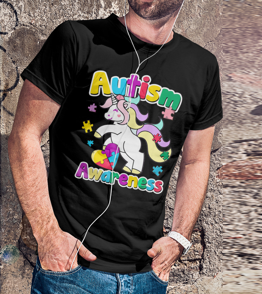 Autism Awareness Unicorn Puzzle Pieces Rainbow Heart T-Shirt