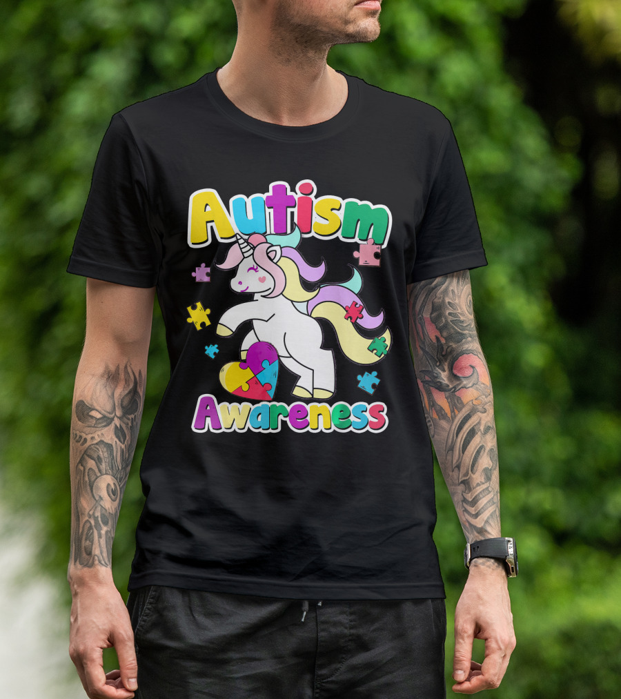 Autism Awareness Unicorn Puzzle Pieces Rainbow Heart T-Shirt